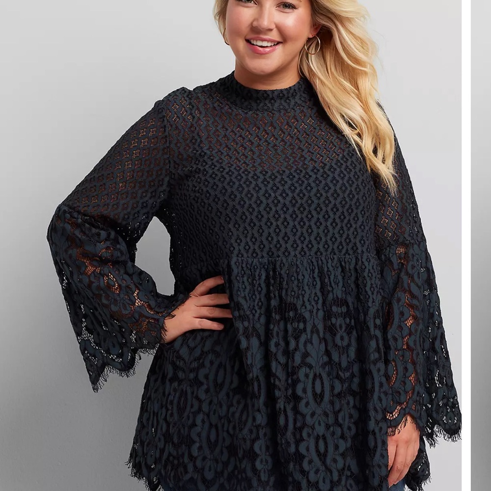 Lane Bryant Lace Mock-Neck Tunic Top Deep Moody blue w/ Black stitching. Size 18